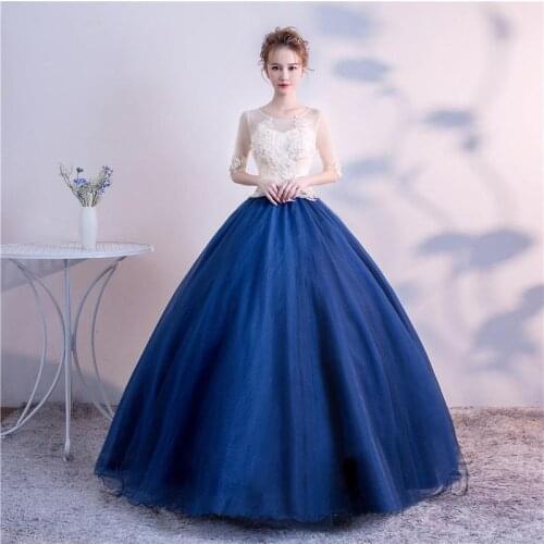 Fashion Illusion Tulle O Neck Quinceanera Dresses Elegant Party Prom Dress Applique Half Sleeve Floor Length Stage Ball Gown