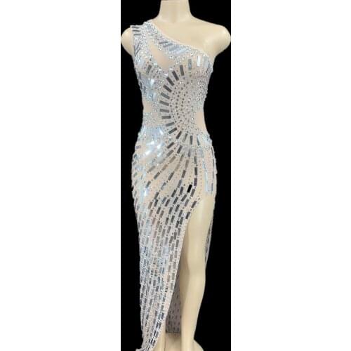 Fashion Transparent Mesh Crystal Sequins Dress Women One Shoulder Birthday Party Dress Sexy Rhinestone Long Dress Stage Outfits