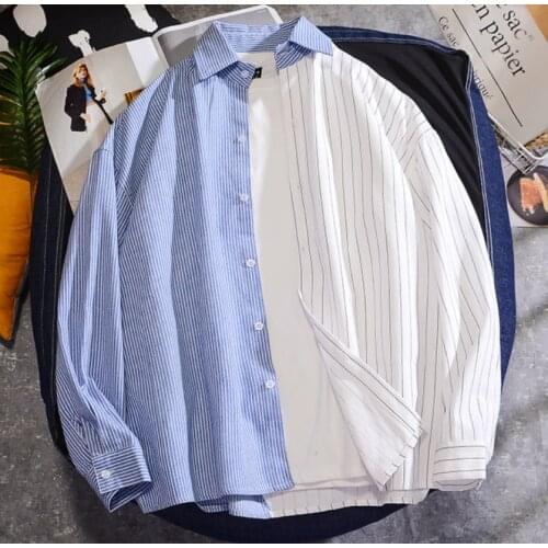 Mens Korean Striped Patchwork Long Sleeve Shirt Spring Summer Casual Loose Shirt OL Handsome Button Up Plus Size 3XL Male Shirt