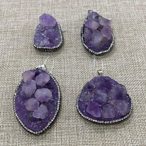 Natural Stone Amethyst Necklace Pendant Resin Diamond Inlaid Pendant Irregular Shape Used In Jewelry Making DIY Charm Bracelet