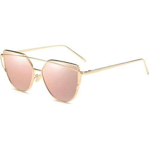 Hot Sale Mirror Flat Lense Women Cat Eye Sunglasses Classic Brand Designer Twin-Beams Rose Gold Frame Sun Glasses for Women Men