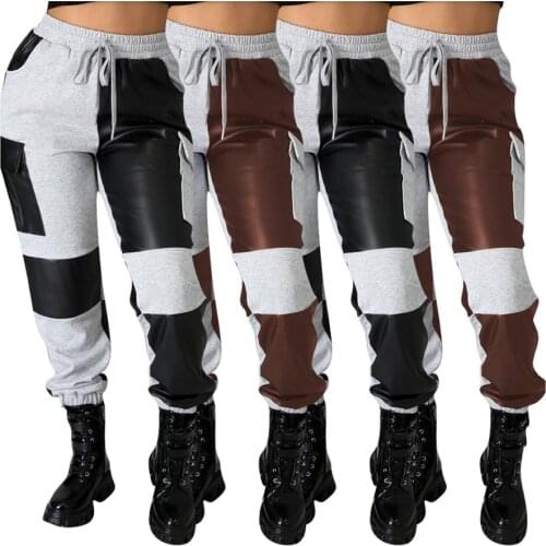 OEM ODM Fall clothes for women leather patchwork cargo pants fashion womens trousers