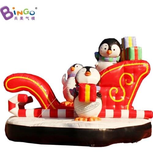 Personalized 5.5x5x4 Meters PVC Tarpaulin Inflatable Christmas Penguin And Sleigh With Lighting For Xmas Decoration - BG-C0386