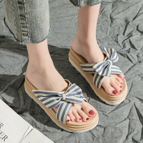Bowknot Platform Slippers Sandals Womens Platform Sandals Summer Striped Cloth Open-toe Sandals Womens Thick-heeled Sandals