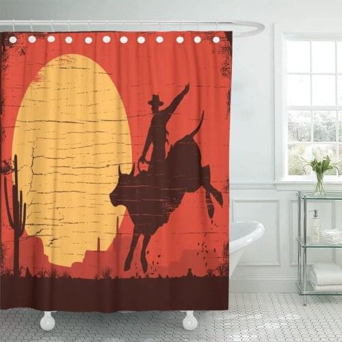 Silhouette of Cowboy Riding Bull at Sunset on Wooden Shower Curtain Waterproof Polyester Fabric 72 x 72 Inches Set with Hooks