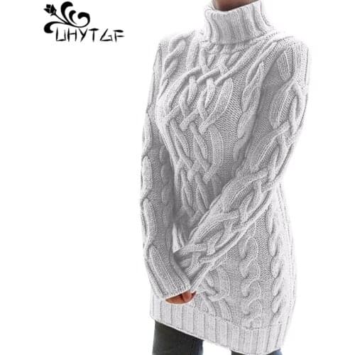 UHYTGF Spring Autumn Knit Sweater Women Knitwear Pullover Turtleneck Woman Sweater Thread Twist Sweater Dress Mujer Suéteres 964