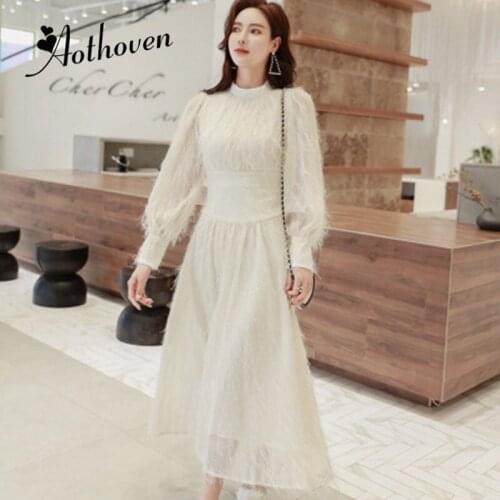 Spring Elegant Feather Tassel Dress Full Lantern Sleeve Stand Collar Dress Women Office Sexy Party Ladies Maxi Dresses Vestidos