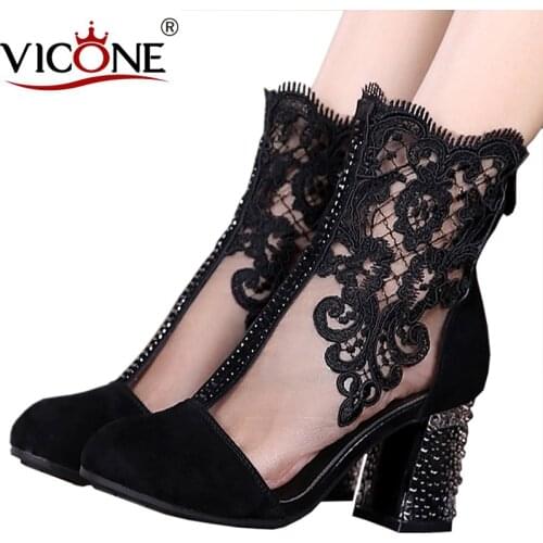 VICONE Womens Shoes Lace Nubuck Leather Spring Fall Fashion Boots Chunky Heel Round Toe Mid-Calf Boots Shoe V880