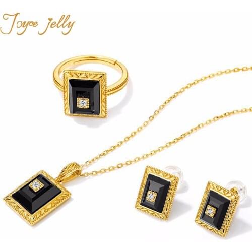 JoyceJelly 925 Sterling Silver Trendy Women Jewelry Set Rectangle Black Crystal Fashion Ring Necklace Earrings Gifts Wholesale