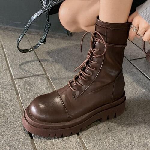 Platform Cross Tie Fat With Women Boots Thick Sole Chuky Heels Ankle Boots Zipper Casual Women Shoes Spring Autumn All Match