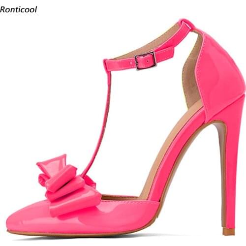 Ronticool Handmade Women Glossy Pumps T- Strap Stiletto High Heels Pointed Toe 12 Colors Dress Shoes Ladies US Plus Size 5-15
