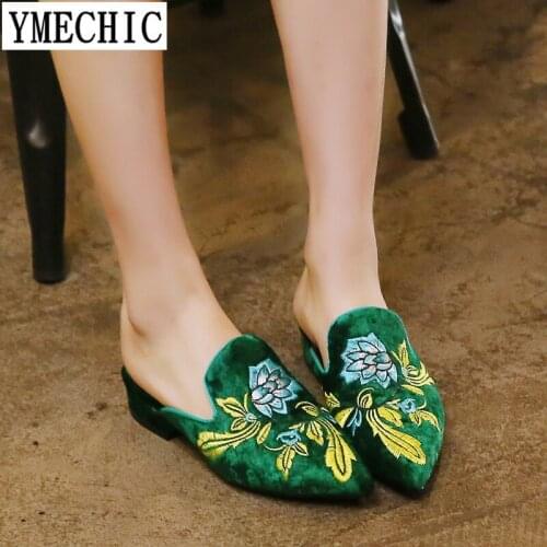 YMECHIC Ladies Low Heels Embroidery Flock Shoes Woman Summer Spring Suede Pointed Toe Mules Womens Plus Size Casual Pumps 2018