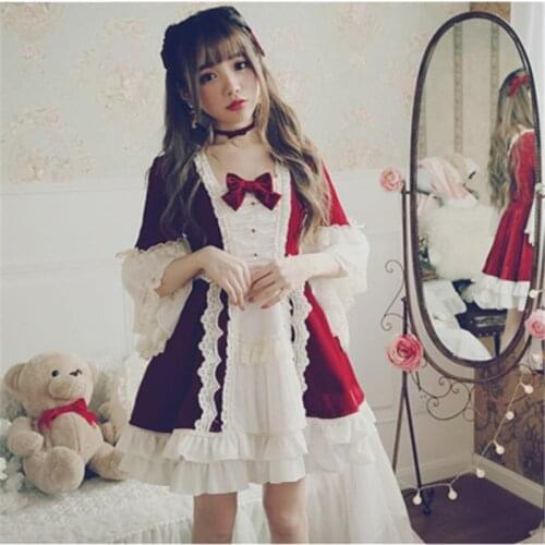 Summer New European Court Lolita Style Retro Half Sleeve Lace Velvet Dress For Women Kawaii Girls Cosplay Anime Harujuku Lolitas