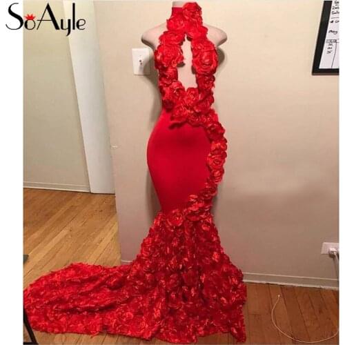 SoAyle Mermaid 2019 Evening Gown Long High Neck Roses Prom Dresses Red Vintage Robe de Soiree Abendkleider