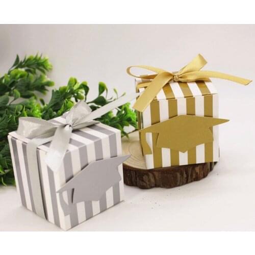 100pcs Graduation ceremony congrats box graduation Souvenir gift box Packaging gold & silver stripes Graduation Cap candy box