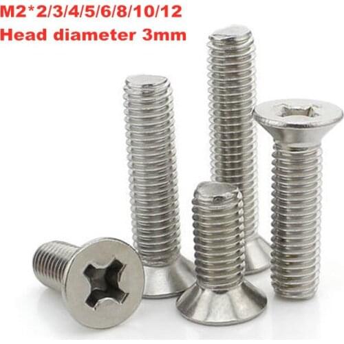 100pcs/lot M2*2/3/4/5/6/8/10/12 Stainless steel small countersunk head phillips screws head diameter 3mm