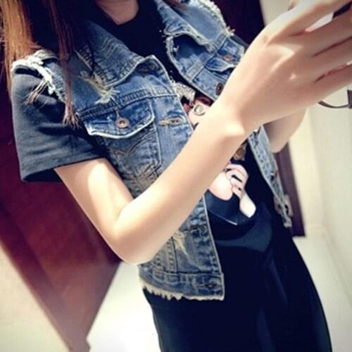 2019 Fashion Casual Lapel Jeans Vest Cotton Short Solid Femme S-L Denim Sexy Pockets Sleeveless Waistcoat Autumn Spring Women Co