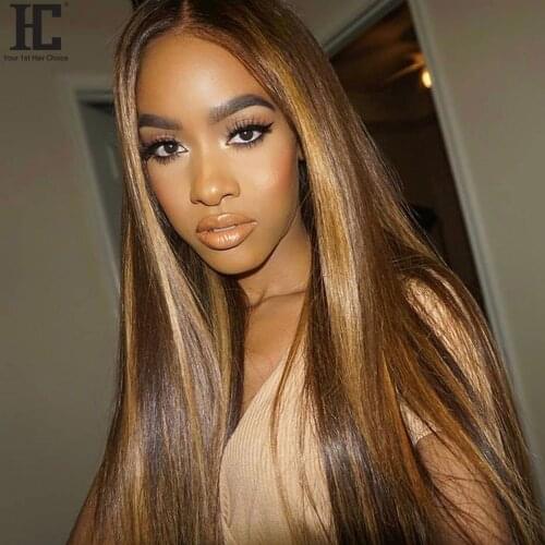 Ombre 4/27 Straight Lace Front Human Hair Wigs Pre Plucked 13x1 Lace Part Wig Highlight 150% Honey Blonde Wig Bleached Knots HC