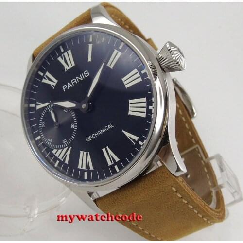 44mm parnis black dial 6497 cow leather strap hand winding mechanical mens watch