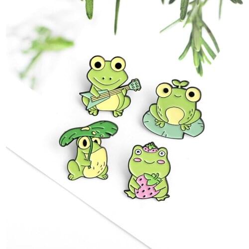 Happy Frog Playing Brooch Pin Creative Small Fresh Cartoon Cute Frog Playing Guitar Eating Strawberry Lotus Leaf Umbrella Badge