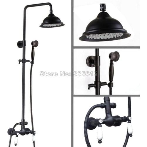 Black Oil Rubbed Bronze Bathroom Wall Mounted Rain Shower Faucet Set with Hand Shower Head & Ceramic Handles Mixer Taps Wrs472