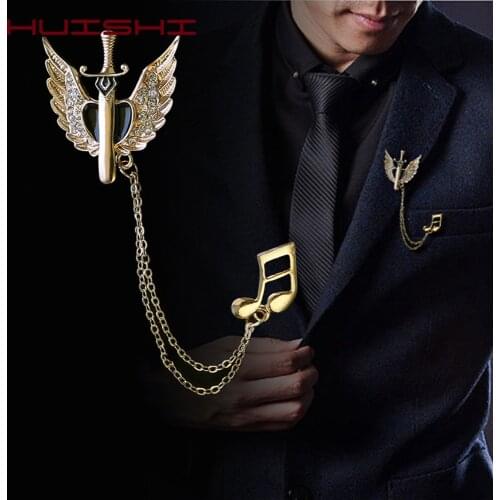 HUISHI Brooch Pin Ancient Sword Angel Wing Musical Note Brooch For Mens Suit Pins And Crystal Lapel Tassel Corsage Badges