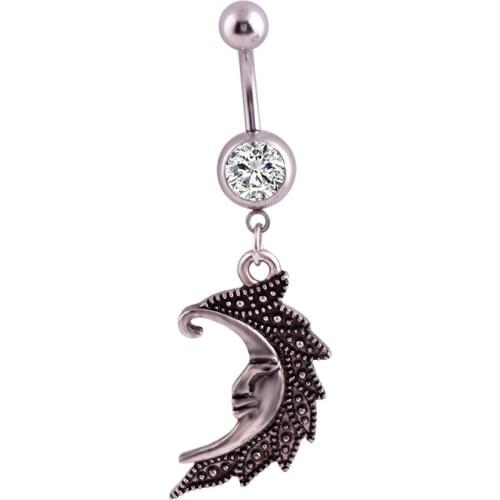 CRYSPURE Belly Button Rings Belly Piercing Women Men Body Jewelry Navel Piercing Rings Hanging Stainless Steel Vintage Moon