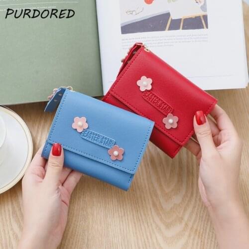 PURDORED 1 Pc Floral Card Holder for Women PU Leather Short Small Wallet Coin Purse Female Ladies Business Card Case Wallet