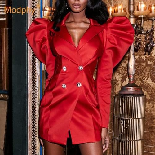Red Elegant Women Dress Sexy Long Puff Sleeve Button Mini Dress Celebrity Party Female Clothing 2020 Autumn Fashion New