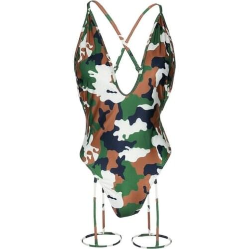 Criss Cross Tie Knot Front Deep V Open Back Swimwear, No Chest Support without Chest Pad, Black/Camouflage