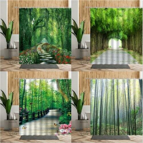 Summer Green Bamboo Shower Curtain Flower Deer Forest Scenery Bathroom Decor Living Room Wall Cloth Home Bath Curtain Waterproof