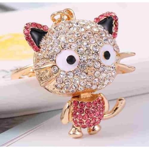 Cartoon cat car key chain big face rhinestone cat alloy key chain hollow bag jewelry pendant
