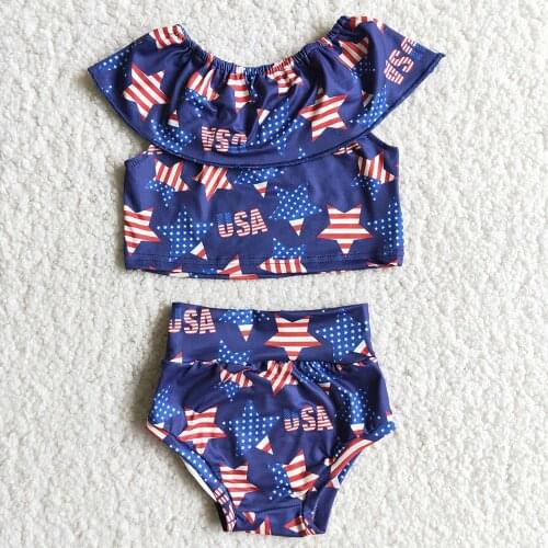 Independence Day Clothes For Children One-Shoulder Top And Shorts Set Girl Star Pattern Outfit