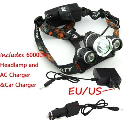 Wholesale Price! RJ3000 6000 Lumens XML T6 +2R5 3 LED Headlight,Headlamp,Fishing,Head Lamp Light +AC Charger+Car Charger