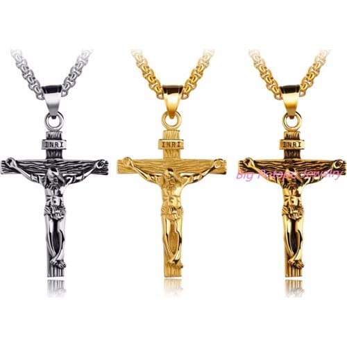 Saint Benedict Cross Crucifix Necklace Pendant Trendy Stainless Steel/Gold Color Chain Men Christian Jesus Jewelry