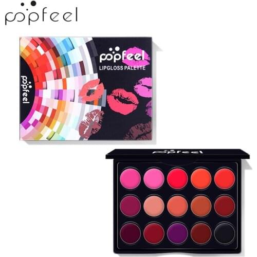 POPFEEL 15 Colors Long-Lasting Velvet Lip Tint Makeup Set Lip Brush Matte Lip Gloss Palette Non-Stick Cup Lipstick Cosmetic 50g