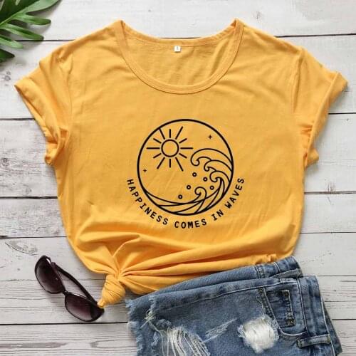 Happiness comes in waves graphic slogan quote women fashion cotton casual hipster street style t shirt vintage art tee tops R186