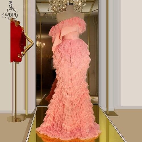 Chic Pink Mermaid Prom Dresses Arabic One Sleeve Long Evening Gown Dubai Kaftans Abiye Vestidos Tiered Tulle Formal Prom Dress