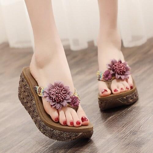 Flowers High-heeled Slippers Female Summer Sandals Thick Bottom Outside Beach Shoes Fashion Seaside Antiskid Flip-flops