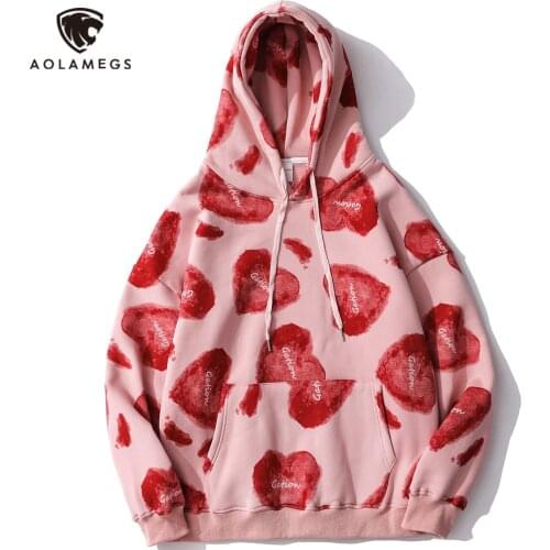Aolamegs Autumn Hoodie Men Heart Fleece Letter Printed Harajuku Streetwear Soft Plus Velvet Sweatshirts Couple College Pullovers