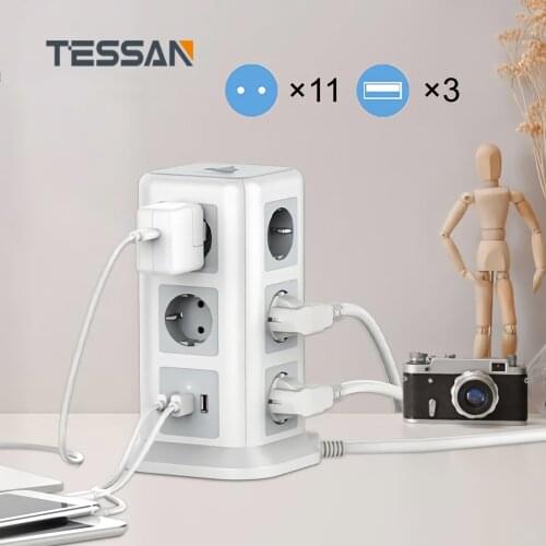 TESSAN Vertical Multiple Sockets Power Strip Tower EU Plug with 11 Outlets 3 USB Charging Ports Switch 2M/6.5ft Extension Cord