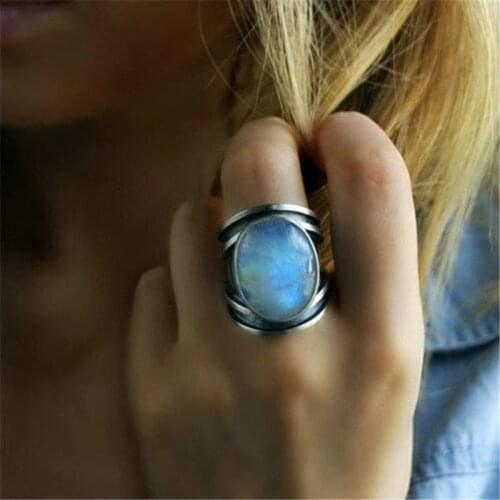 Modyle Vintage Tibetan Big Healing Crystal Rings For Women Boho Antique Indian Moonstone Ring Jewelry Girls Ladies Gifts