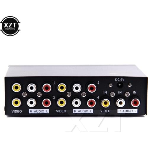 High Quality 4 Port 1 x 4 AV Video Audio Splitter 3 RCA with Metal Housing 1 in 4 out for DVD HDTV With power adpater US/EU plug