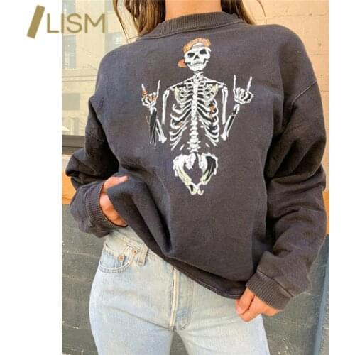 LISM Vintage Skull Letter Printing Crewneck Hoodies Sweatshirt Patchwork Crop Tops Women Harajuku Long Sleeve Women Clothes