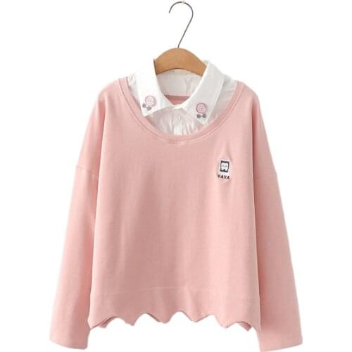 Women Sweatshirts Cartoon Embroidery Asymmetry Hem Hoodies Long Sleeve Turndown Collar Patchwork Fake Two Piece Cotton Pullover