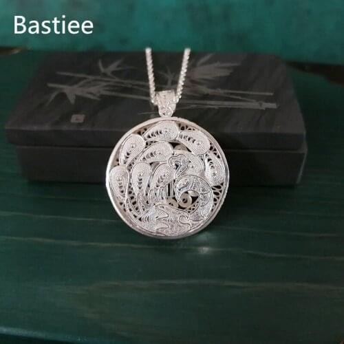 Bastiee 999 Sterling Silver Round Peacock Pendant For Women Hollow Out Ethnic Handmade Pendants Luxury Jewelry Hmong Jewellery