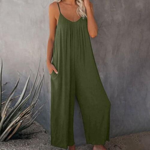 2021 Sling Jumpsuit Women Summer New Style Solid Color Pocket Casual Jumpsuit Casual Loose Backless Sleeveless Long Rompers