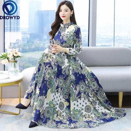 Summer 2021 New Beach Dress Women Fashion Temperament Waist Slimming Super Long Swing Print Long Sleeve Dress Casual Retro Dress