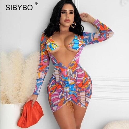Sibybo Sexy Print Dress Suits Summer Halter Bra Top And Drawstring Mini Dress Two Piece Set Women Mesh See Through Matching Sets