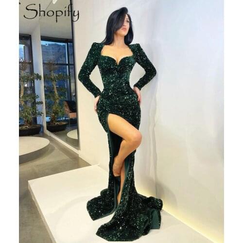 Long Sleeve Mermaid Sweetheart Sexy High Slit Dubai Women Emerald Green Sparkly Evening Dresses 2021